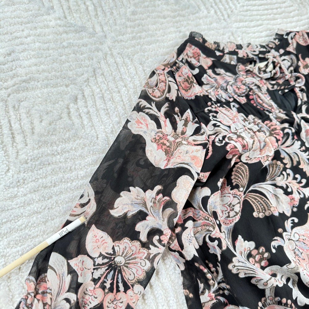 LOFT Dress Petite XXS Black Pink Floral Print Boho Sheer Sleeve Mini Brunch Date - Picture 9 of 12